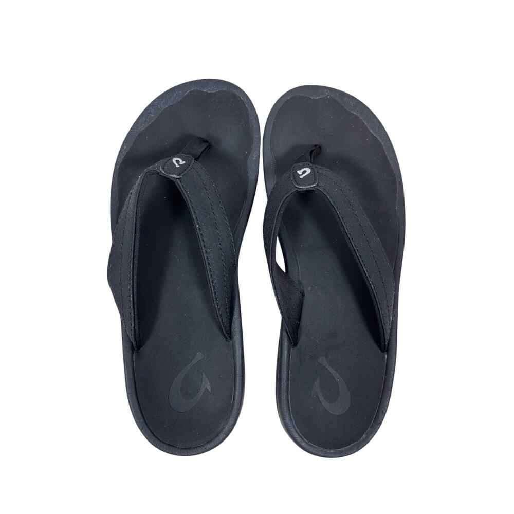 OluKai Ohana Flip Flops Womens 7 Black Pebbled Straps Contoured Footbed